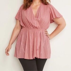 Lane Bryant Faux Wrap Flutter Sleeve Elastic Waist Top-Pink-Women Size 22